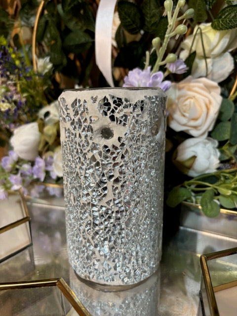 Silver crackle pillar burner